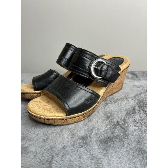 Born Women's Zee Sandal Size 7 Black Leather Wedge Heel Platform Two Strap Slide - Picture 3 of 7